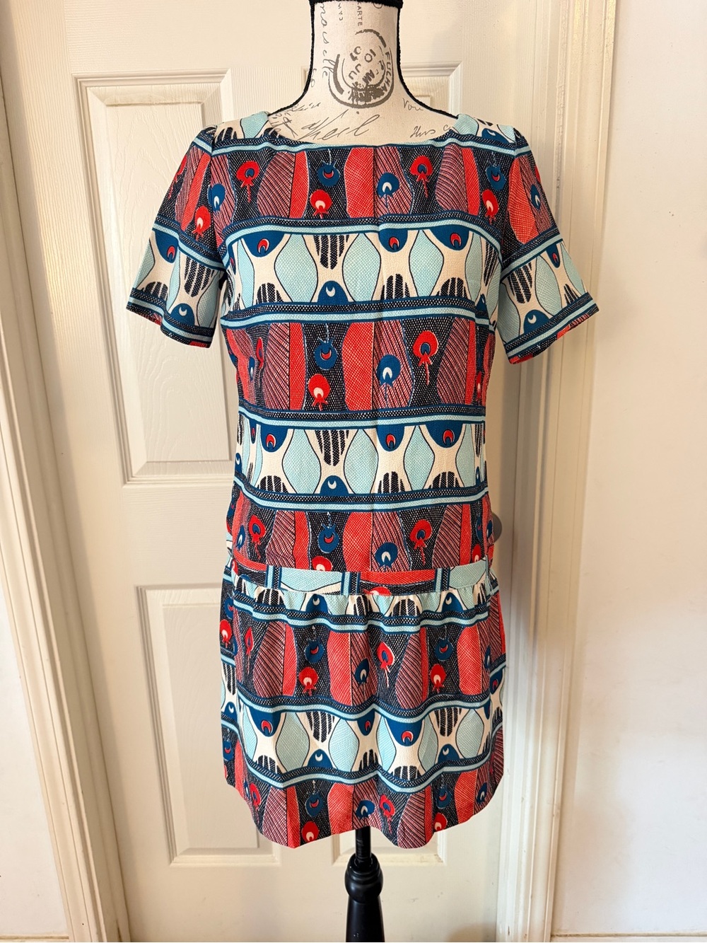 Anthropologie Red Navy Light Blue Cream Patterned Mini Dress